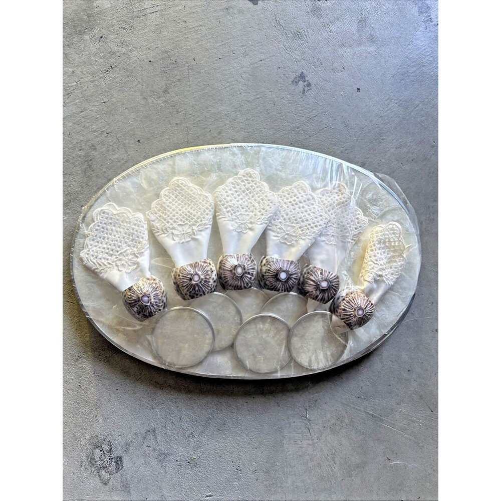 Capiz Shell Scalloped Edge Placemats Coasters Napkins Rings Set of 6 Quality NOS